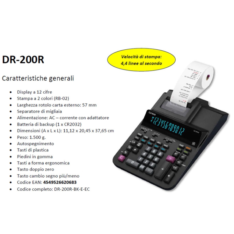 CALCOLATRICI CASIO DR200R 12CIFRE SCRIVENTE