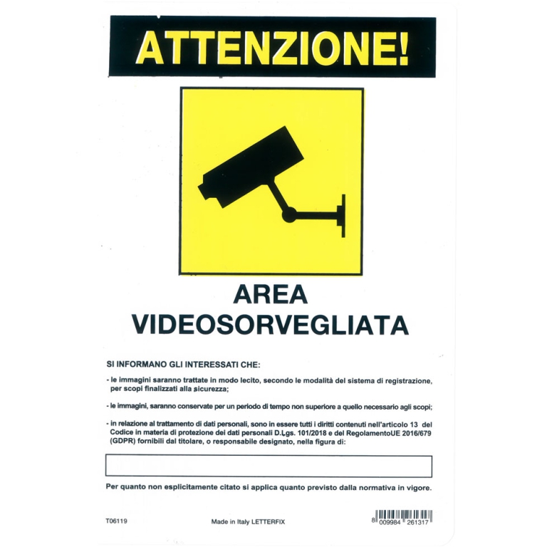 TARGA 20X30 AREA VIDEOSORVEGLIATA T06119