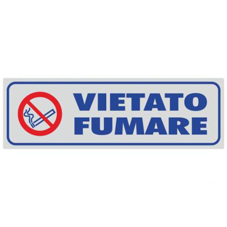 TARGHE VIETATO FUMARE 14X5 ADESIVE ARGENTO+LOGO