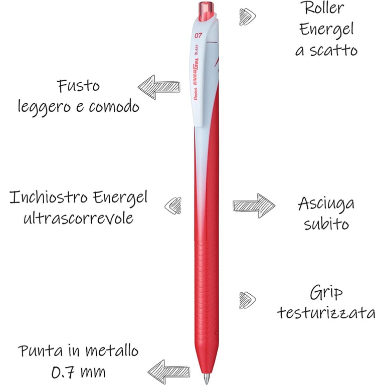 ROLLER ENERGEL 12PZ 0,7  ROSSO PENTEL BL437 2