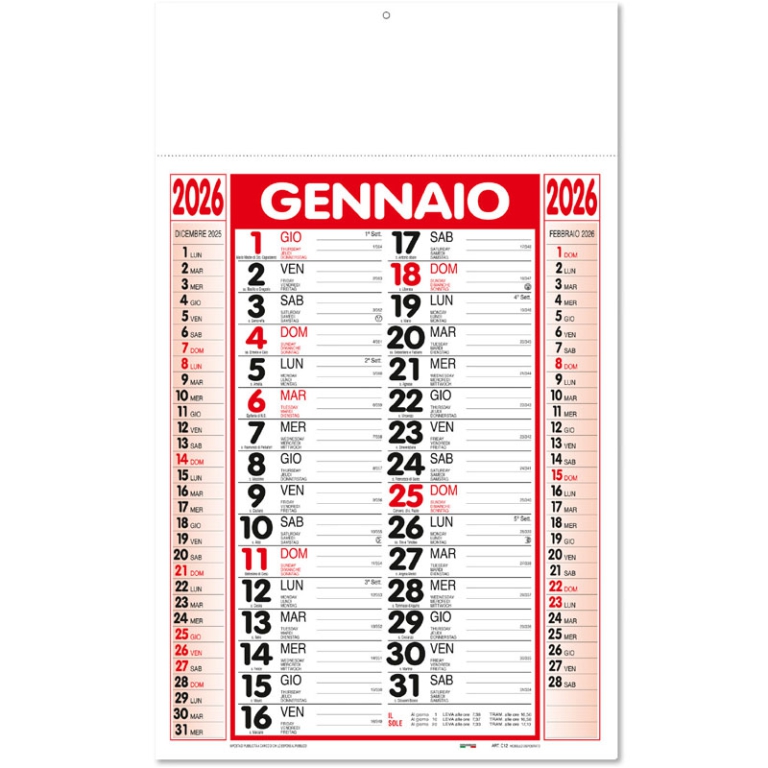 CALENDARI OLANDESI 29X47CM ROSSO NERO