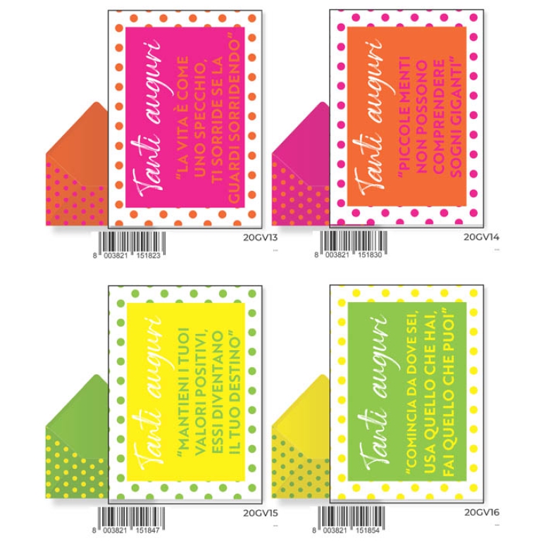 BIGLIETTI AUGURI 12PZ    COMPLEANNO POIS FLUO