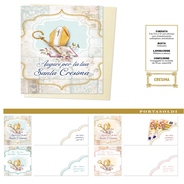 BIGLIETTI AUGURI 12PZ    CRESIMA PORTASOLDI