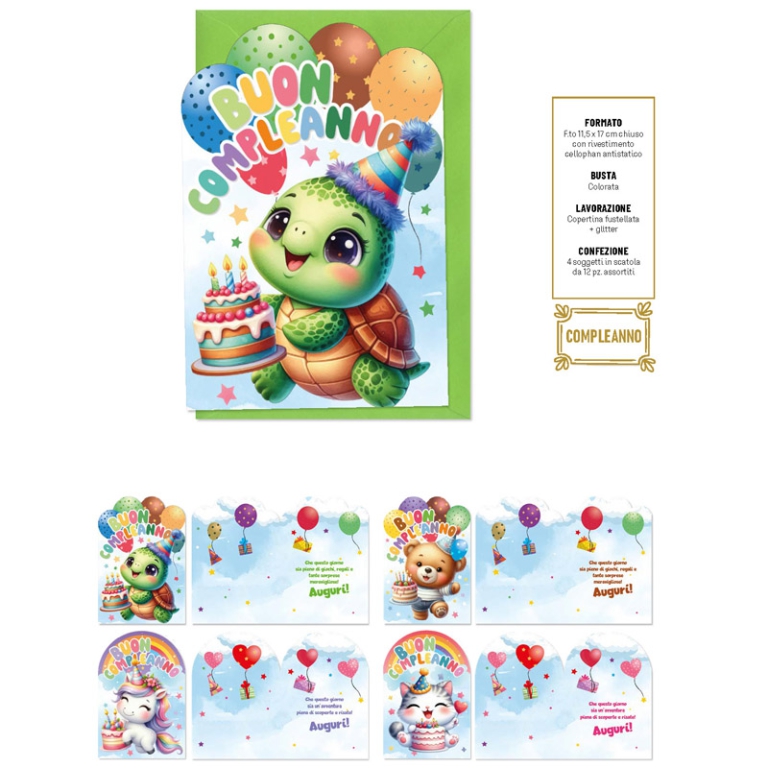 BIGLIETTI AUGURI 12PZ    COMPLEANNO BIMBI