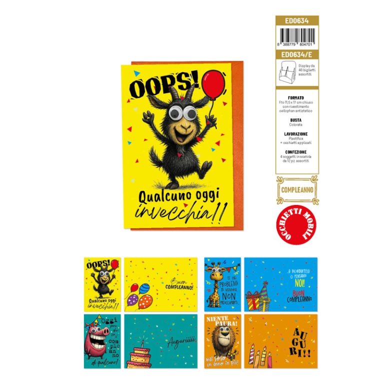 BIGLIETTI AUGURI 12PZ    COMPLEANNO CON OCCHIETTI