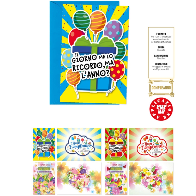BIGLIETTI AUGURI 12PZ    COMPLEANNO POP UP