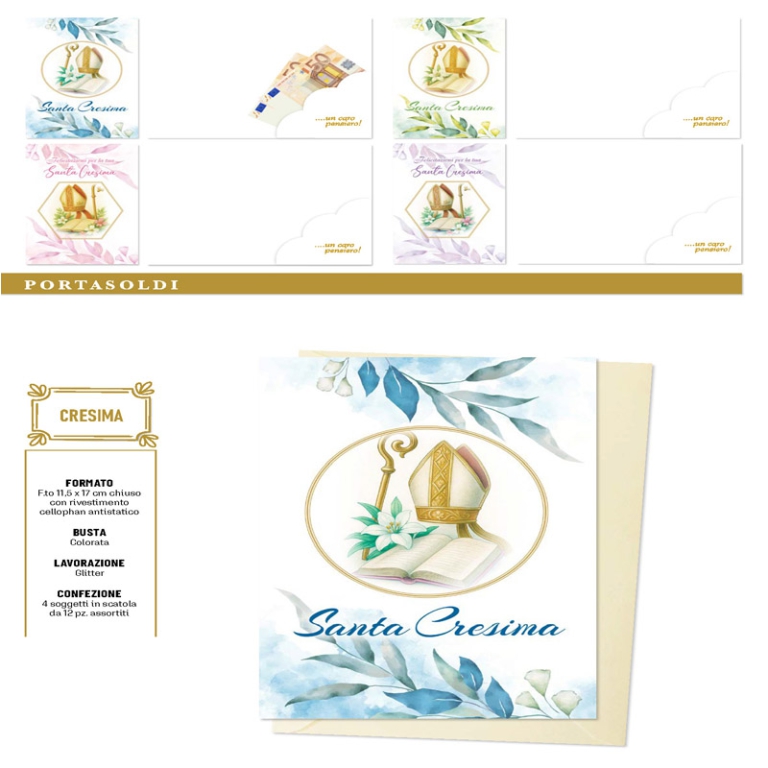 BIGLIETTI AUGURI 12PZ    CRESIMA PORTASOLDI