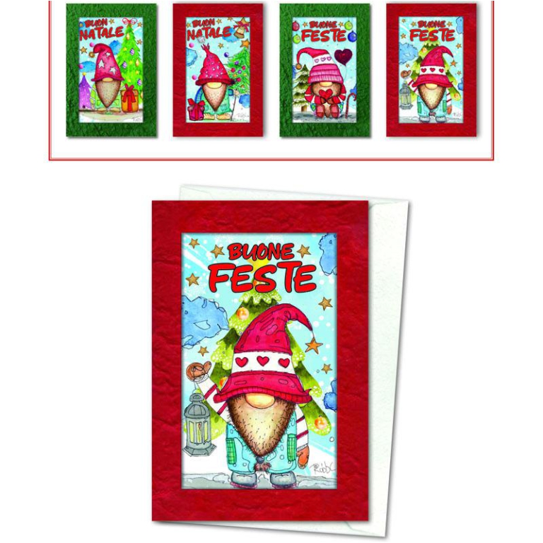 BIGLIETTI NATALE 12X18CM 12PZ CARTA KOZO GNOMO