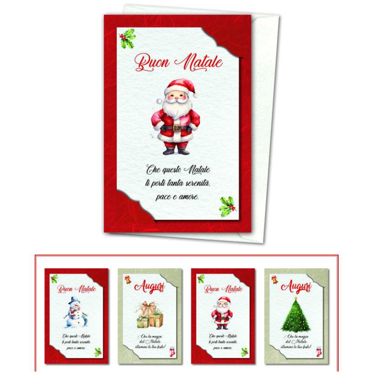 BIGLIETTI NATALE 12X18CM 12PZ CARTA GELSO FRASE