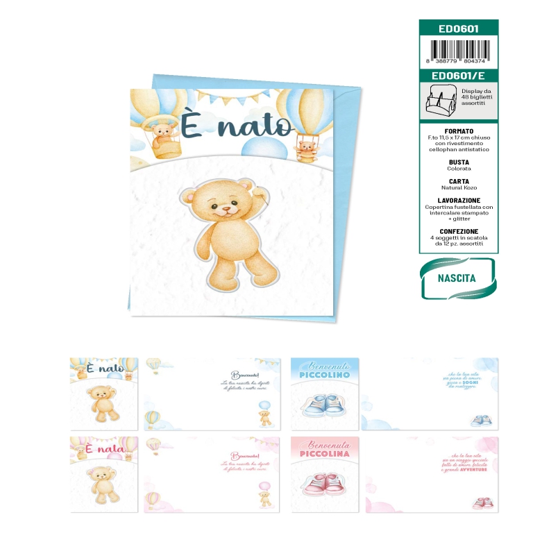 BIGLIETTI AUGURI 12PZ    NASCITA CARTA NATURALE