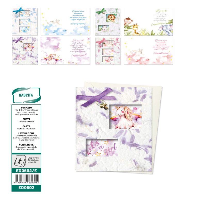 BIGLIETTI AUGURI 12PZ    NASCITA CARTA NATURALE