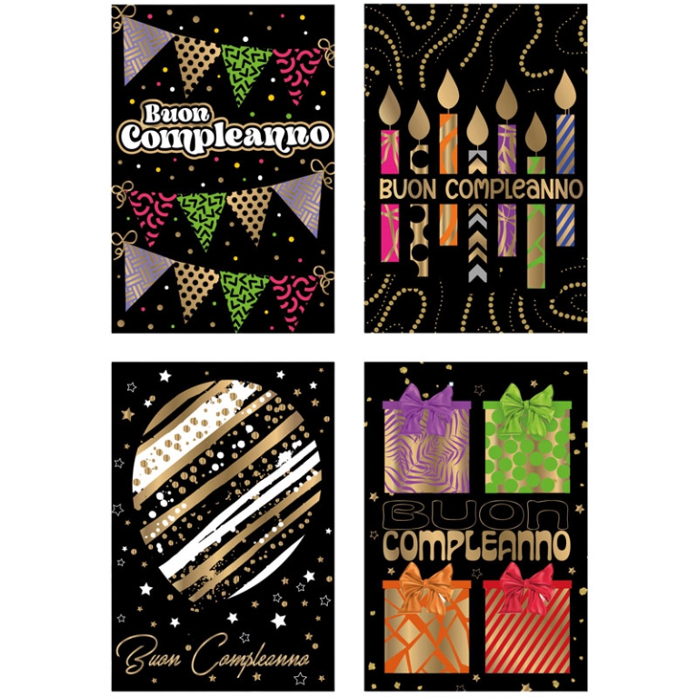 BIGLIETTI AUGURI 12PZ COMPLEANNO NERO UOMO/UNISEX