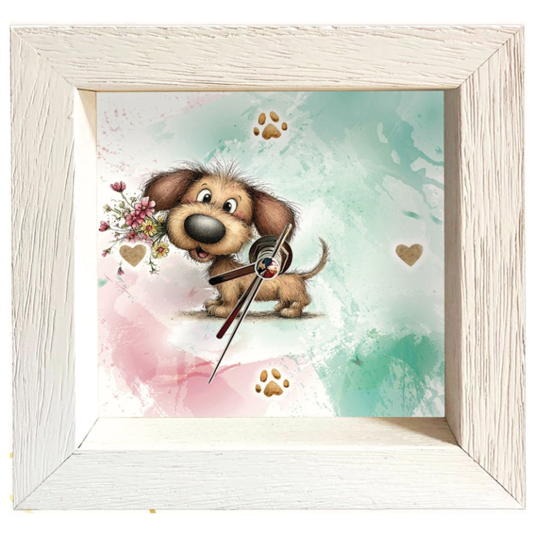 OROLOGIO LEGNO 19X19 BIANCO SOGGETTO CAGNOLINO
