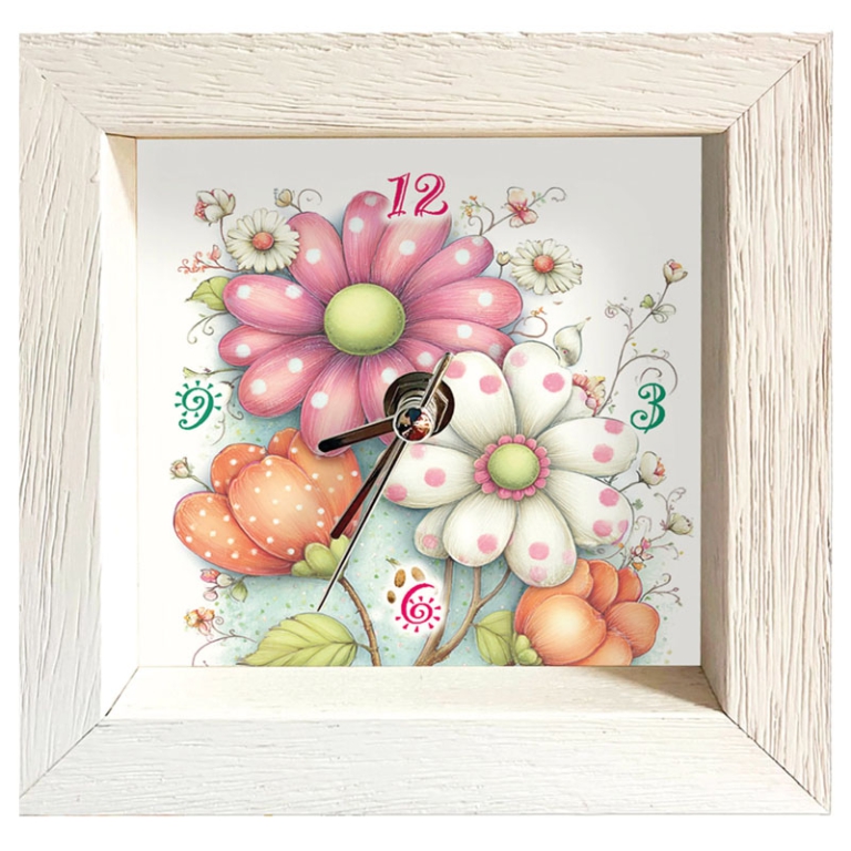 OROLOGIO LEGNO 19X19 BIANCO SOGGETTO FIORI