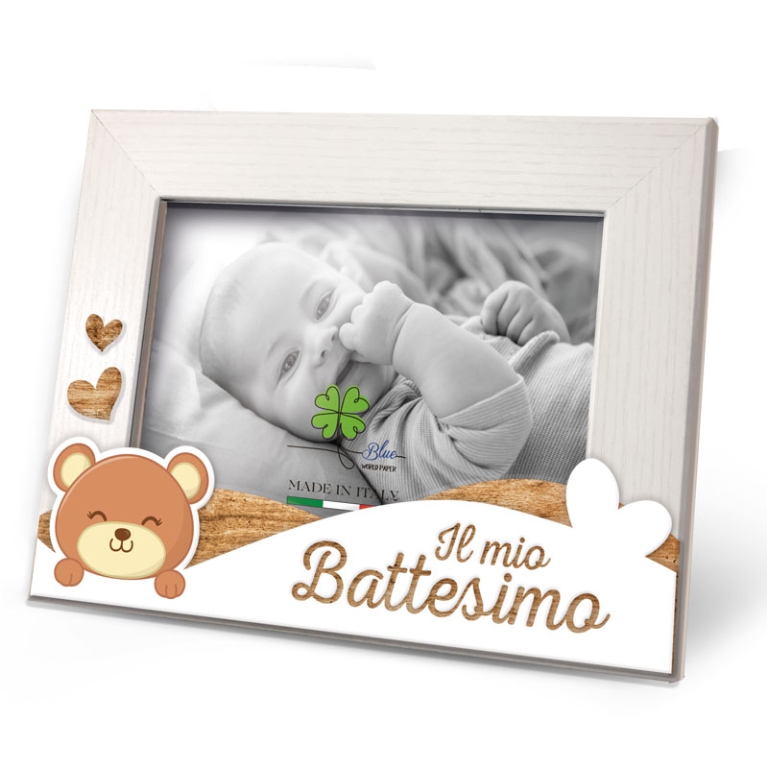CORNICE 13X18CM LEGNO    BATTESIMO APPLICAZIONE ORSETTO