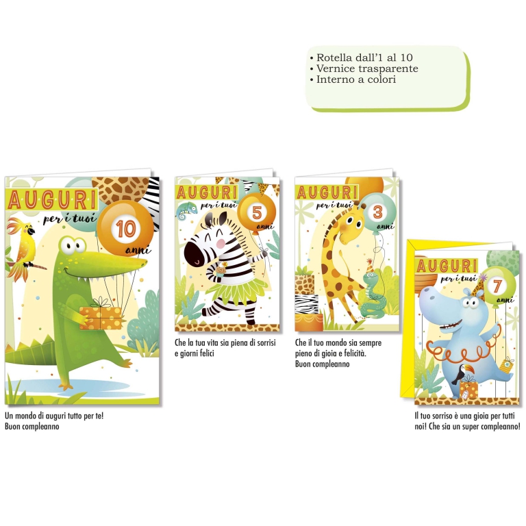 BIGLIETTI AUGURI 12PZ CON ROTELLA 1/10 BIMBI