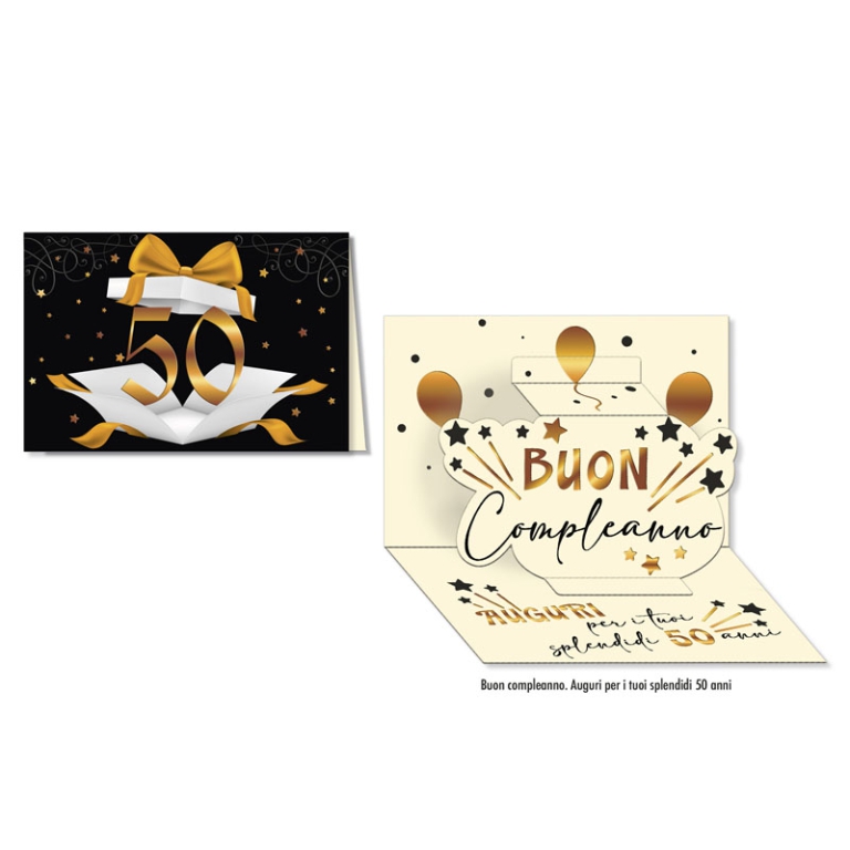 BIGLIETTI AUGURI 6PZ     NUMERO 50 ORO POP UP