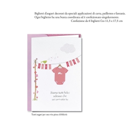 BIGLIETTI AUGURI 6PZ PAPERWORK 3D NASCITA ROSA
