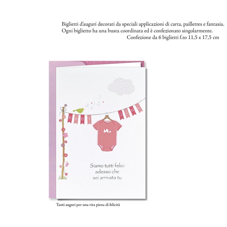 BIGLIETTI AUGURI 6PZ PAPERWORK 3D NASCITA ROSA