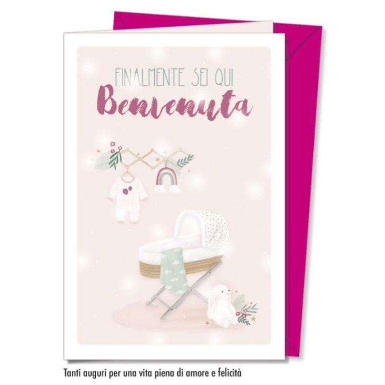 BIGLIETTI AUGURI 12PZ    NASCITA FEMMINILE ROSA