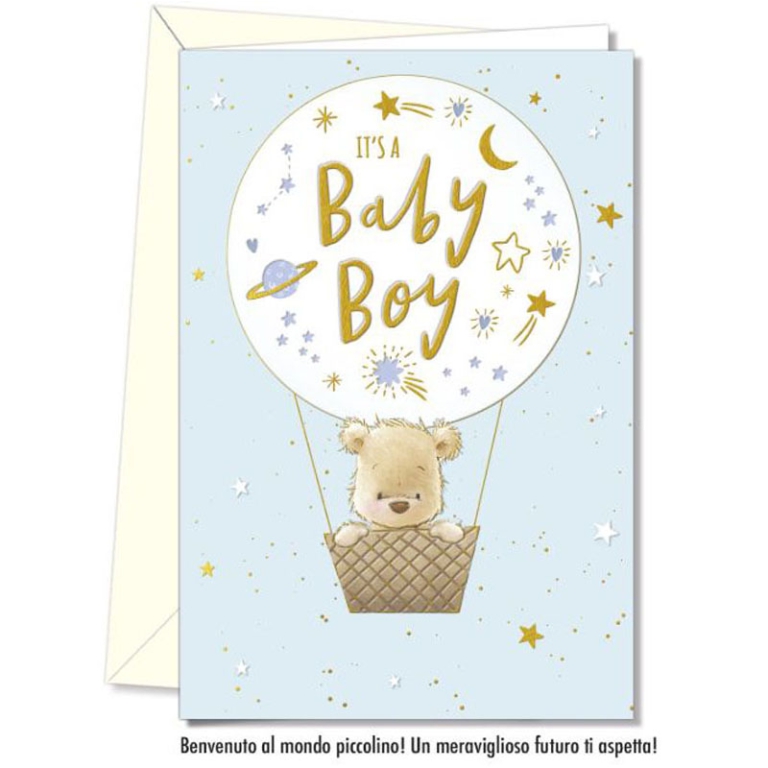 BIGLIETTI AUGURI 12PZ    NASCITA MASCHILE CELESTE