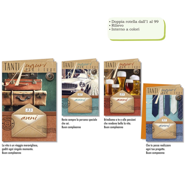 BIGLIETTI AUGURI 12PZ    UOMO CON ROTELLA 1/99