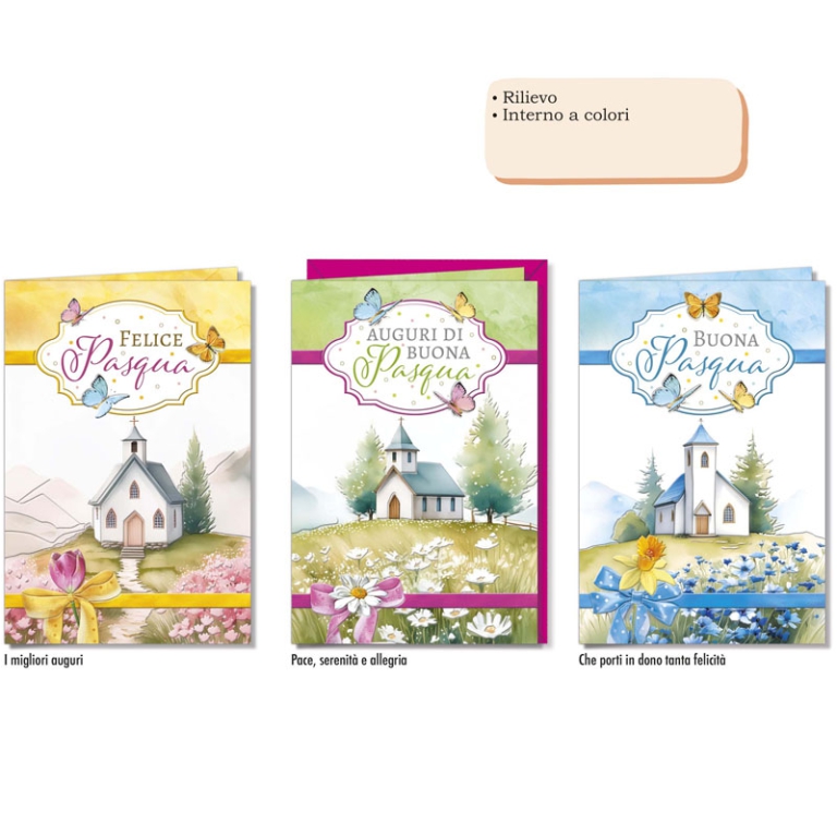 BIGLIETTI AUGURI 12PZ 13X18 PASQUA RILIEVO COLORI