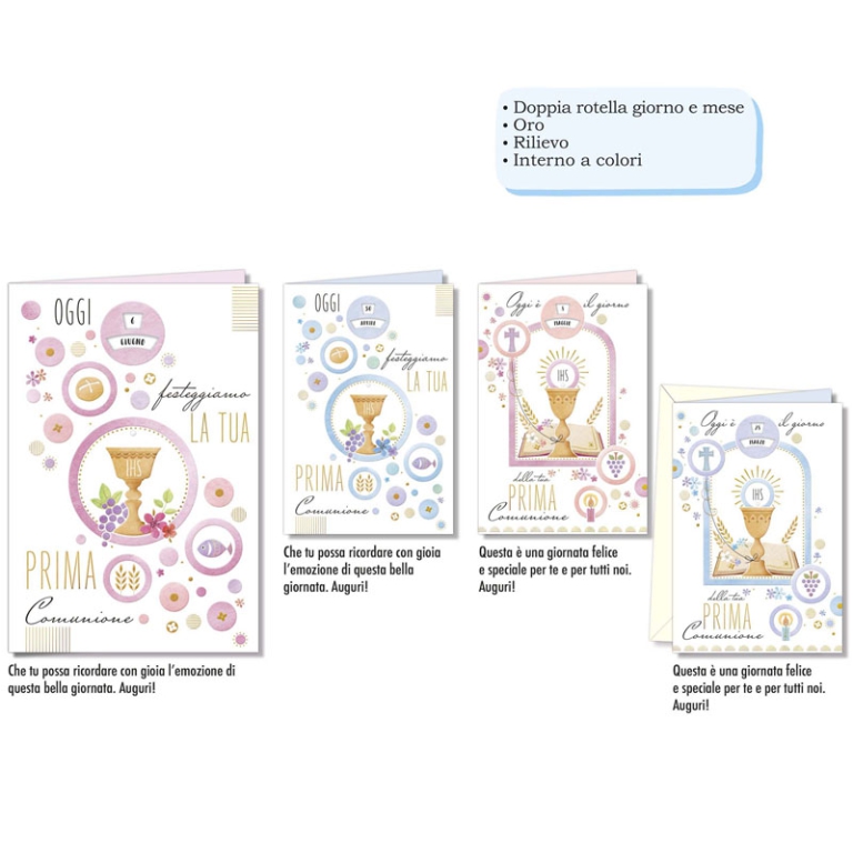 BIGLIETTI AUGURI 12PZ 13X18 COMUNIONE ROTELLA G/M