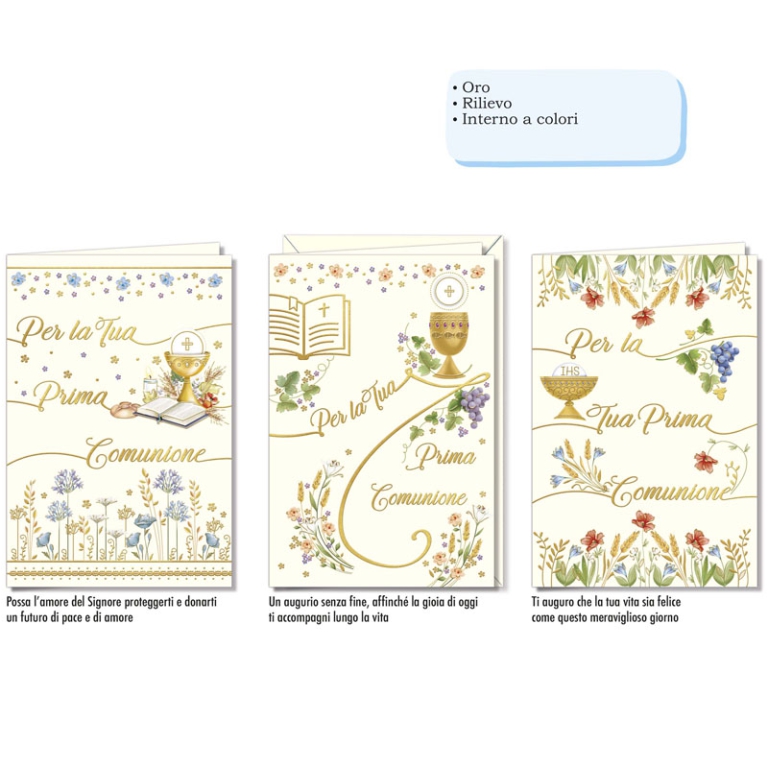 BIGLIETTI AUGURI 12PZ 13X18 COMUNIONE RILIEVO ORO