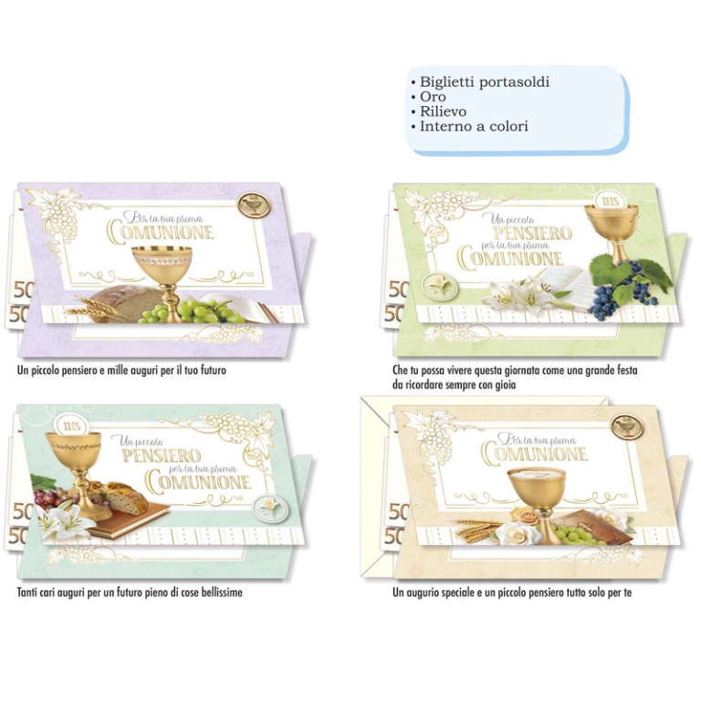 BIGLIETTI AUGURI 12PZ    PORTASOLDI COMUNIONE