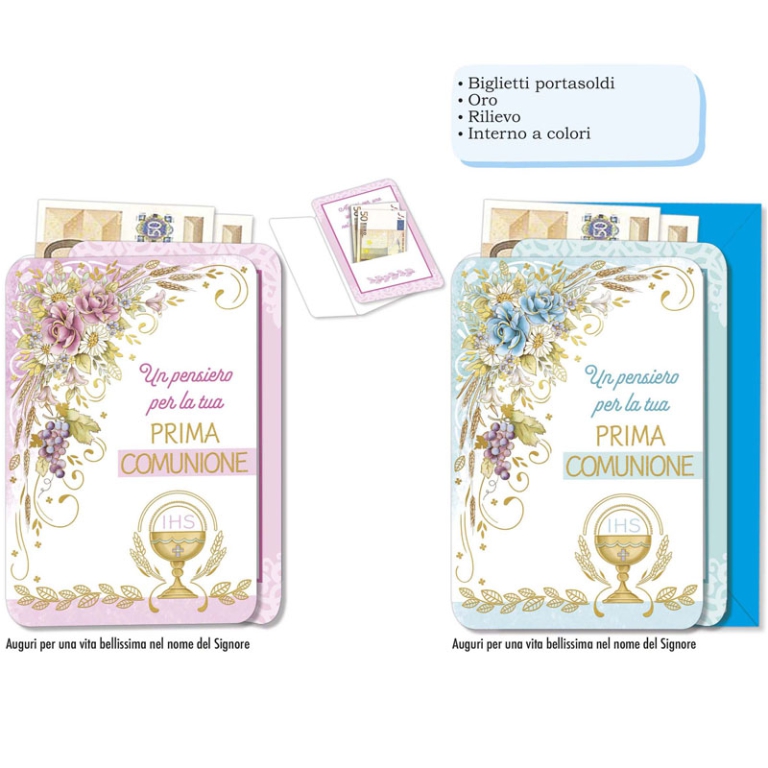 BIGLIETTI AUGURI 12PZ    COMUNIONE PORTASOLDI
