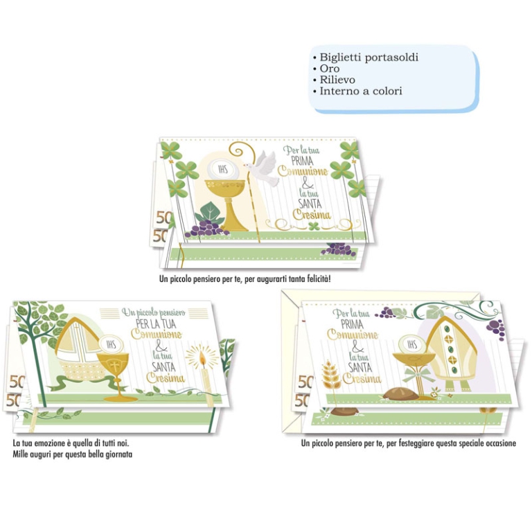 BIGLIETTI AUGURI 12PZ PORTASOLDI COMUNIONE-CRESIMA