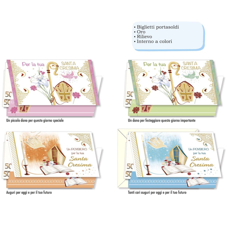 BIGLIETTI AUGURI 12PZ    CRESIMA PORTASOLDI