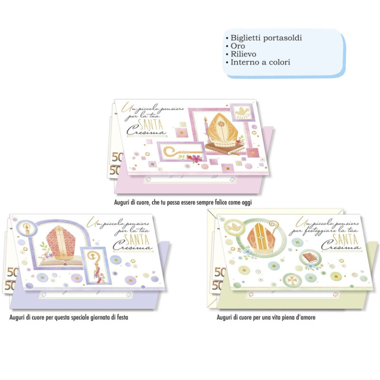BIGLIETTI AUGURI 12PZ    CRESIMA PORTASOLDI