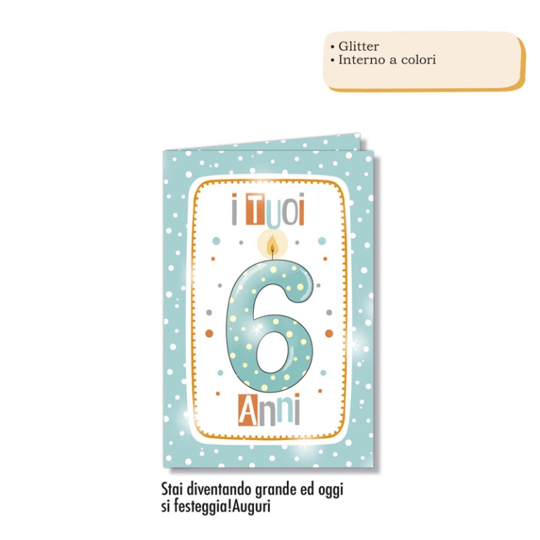 BIGLIETTI AUGURI 6PZ     NUMERO 6 GLITTER