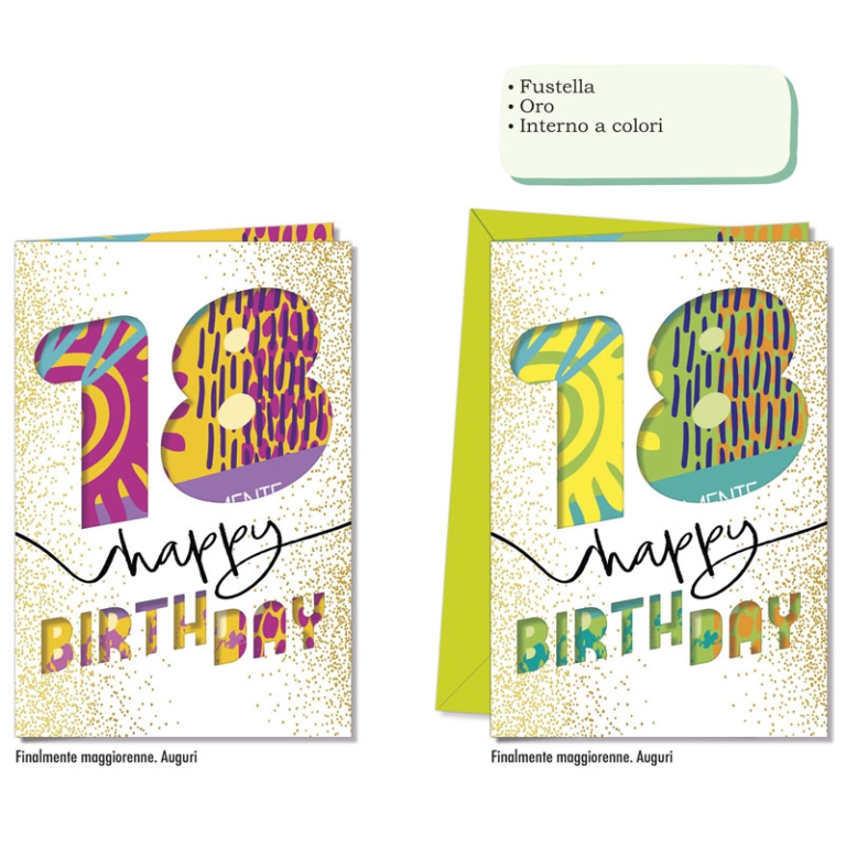 BIGLIETTI AUGURI 12PZ    18 ANNI FUSTELLATI