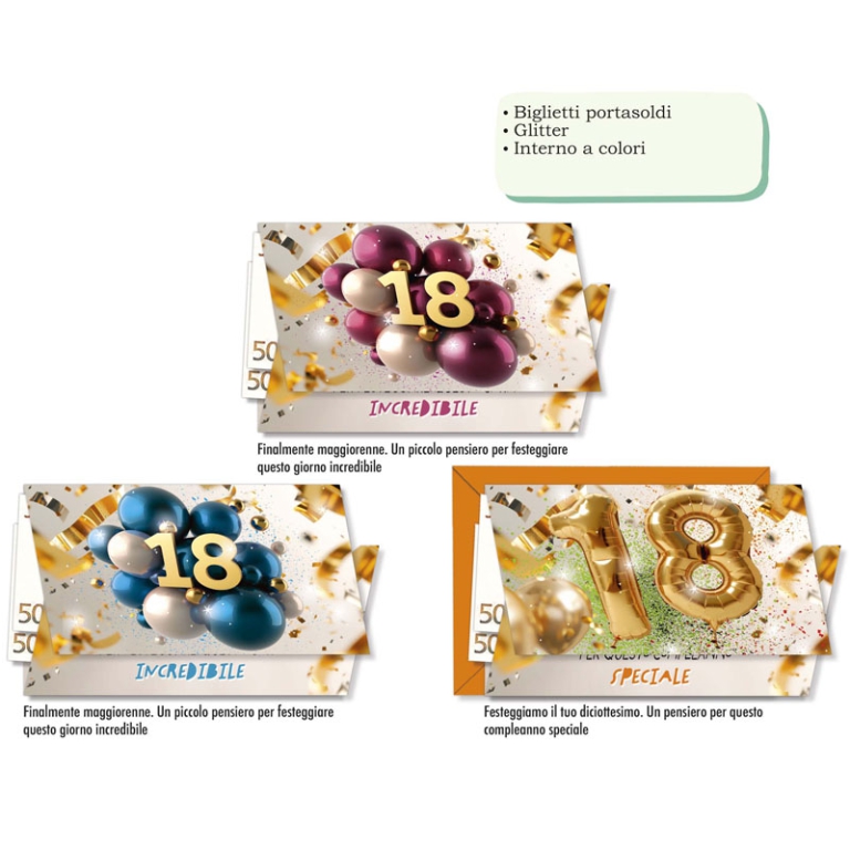 BIGLIETTI AUGURI 12PZ 18 ANNI PORTA SOLDI GLITTER