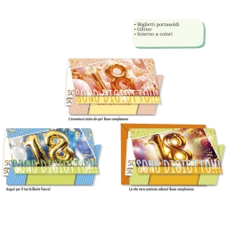 BIGLIETTI AUGURI 12PZ 18 ANNI PORTA SOLDI GLITTER