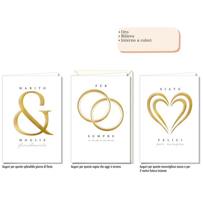 BIGLIETTI AUGURI 12PZ    MATRIMONIO ORO RILIEVO