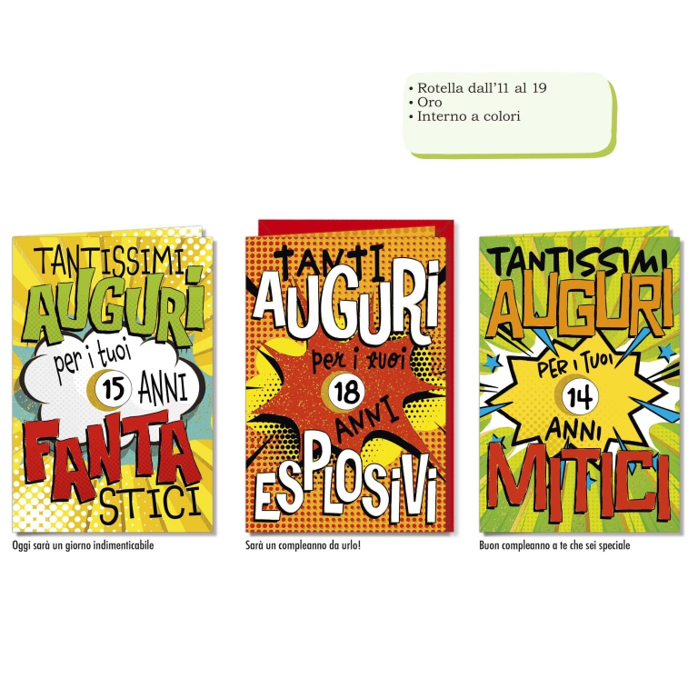 BIGLIETTI AUGURI 12PZ CON ROTELLA ANNI 11/19