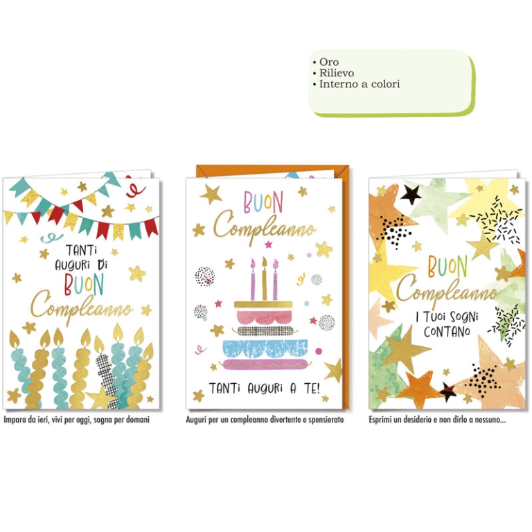 BIGLIETTI AUGURI 12PZ    COMPLEANNO ORO RILIEVO