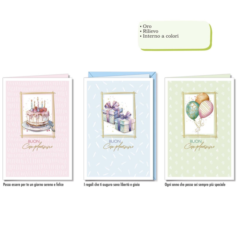 BIGLIETTI AUGURI 12PZ    COMPLEANNO ORO RILIEVO