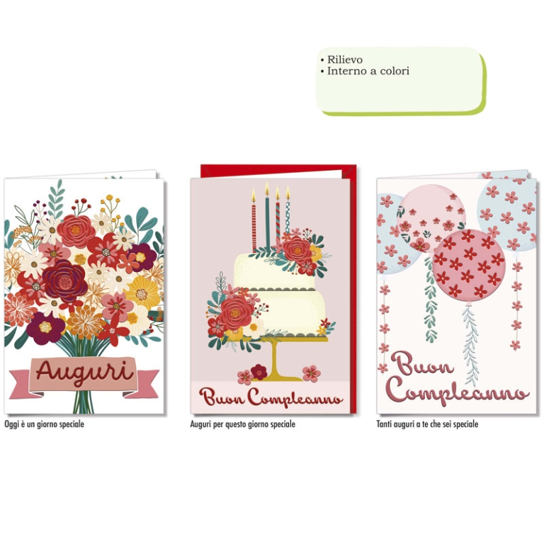 BIGLIETTI AUGURI 12PZ    COMPLEANNO RILIEVO