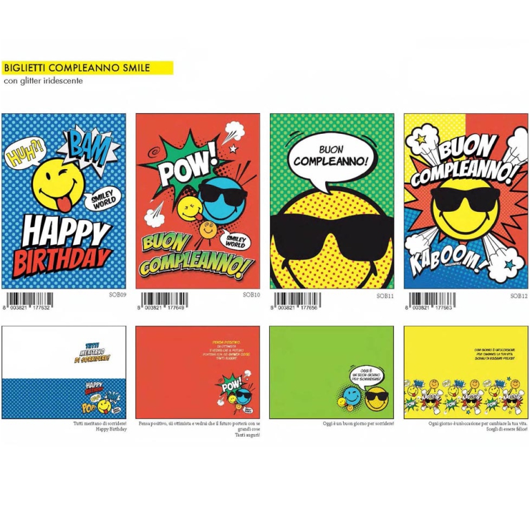 BIGLIETTI AUGURI 12PZ    COMPLEANNO SMILEY