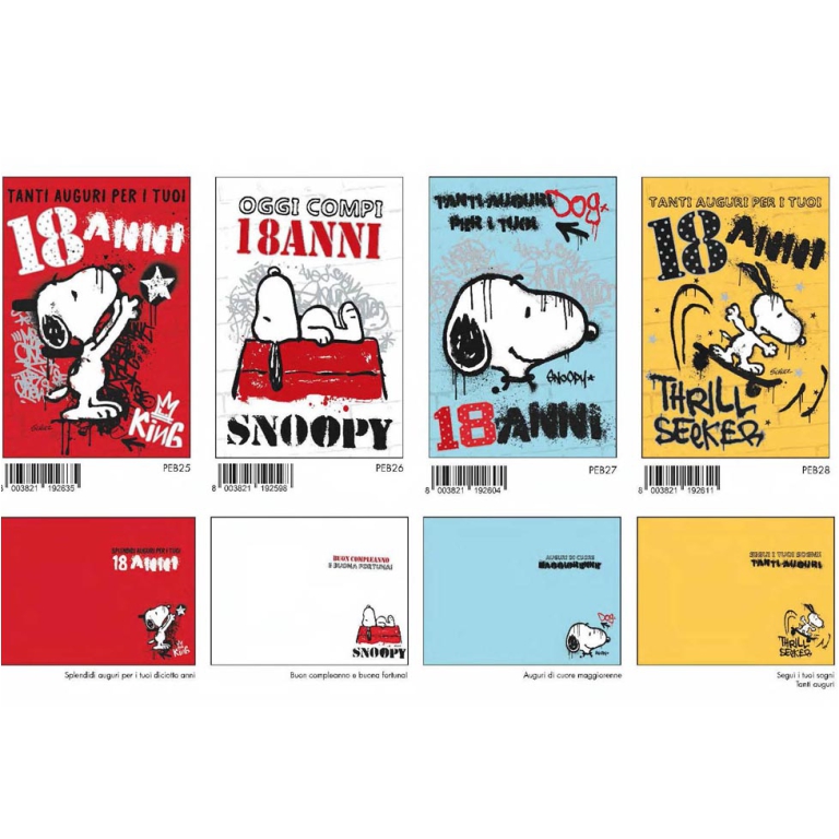 BIGLIETTI AUGURI 12PZ    18 ANNI SNOOPY