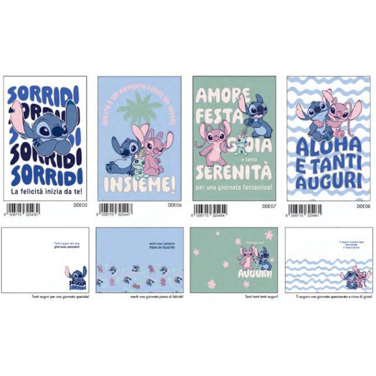 BIGLIETTI AUGURI 12PZ    STITCH SOGGETTI ASSORTITI