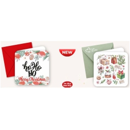 BIGLIETTI DOPPI CON BUSTA 8X8CM DECORI NATALE 50PZ