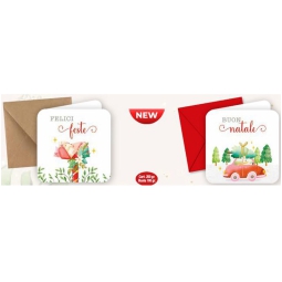 BIGLIETTI DOPPI CON BUSTA 8X8CM FELICI FESTE 50PZ