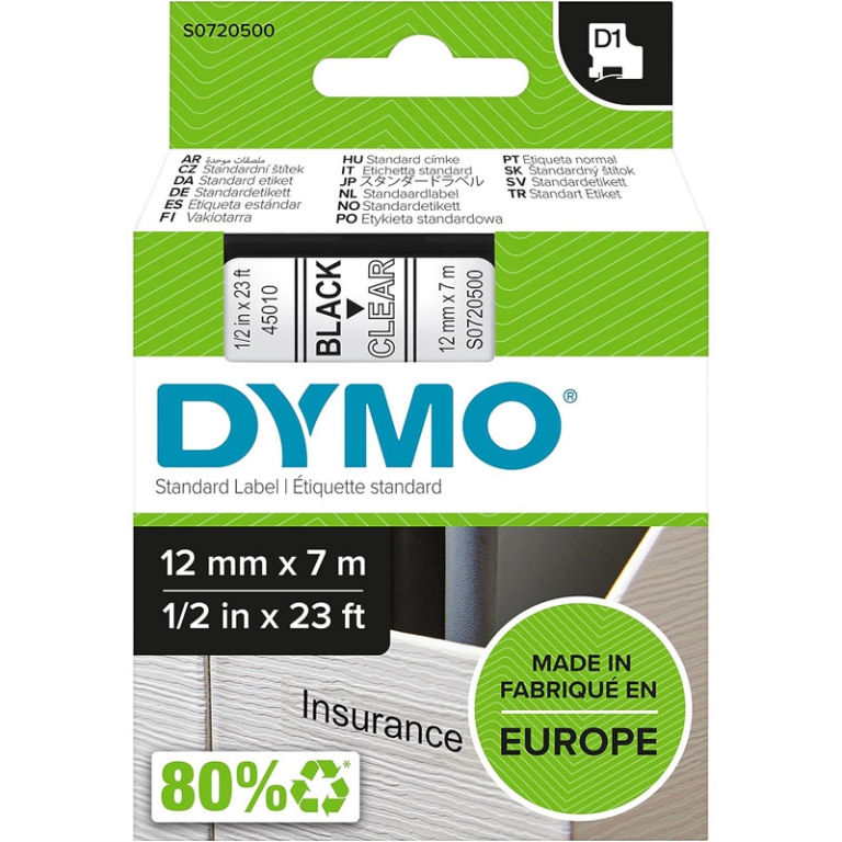 NASTRO DYMO 12MMX7MT     NERO/TRASPARENTE 45010