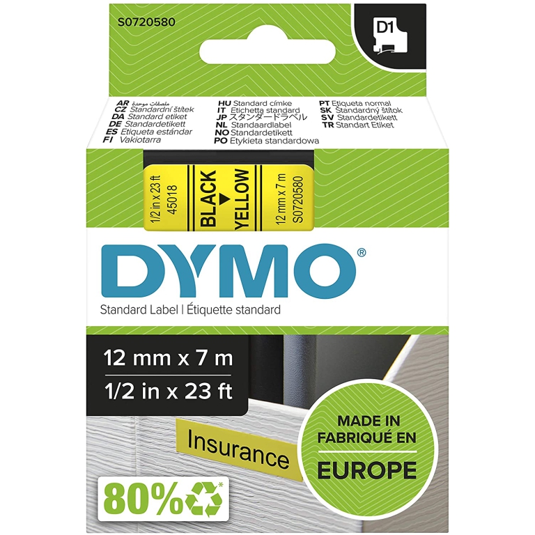 NASTRO DYMO 12MMX7MT     NERO/GIALLO 45018